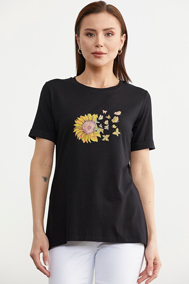 Baskılı Basic Penye Tişört - Siyah - 1