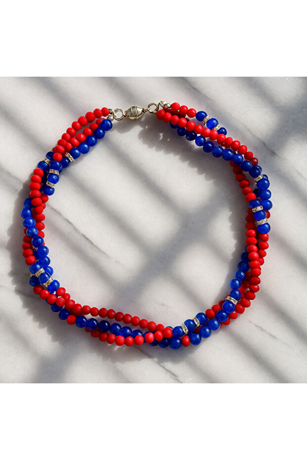 Navy Blue Agate Red Crystal 3 Row Communication, Expression and Mental Clarity Necklace