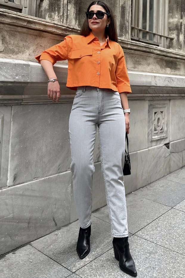 Women's Gray High Waist, Relaxed Fit, Pipe Leg, Skinny Jeans - Jeans