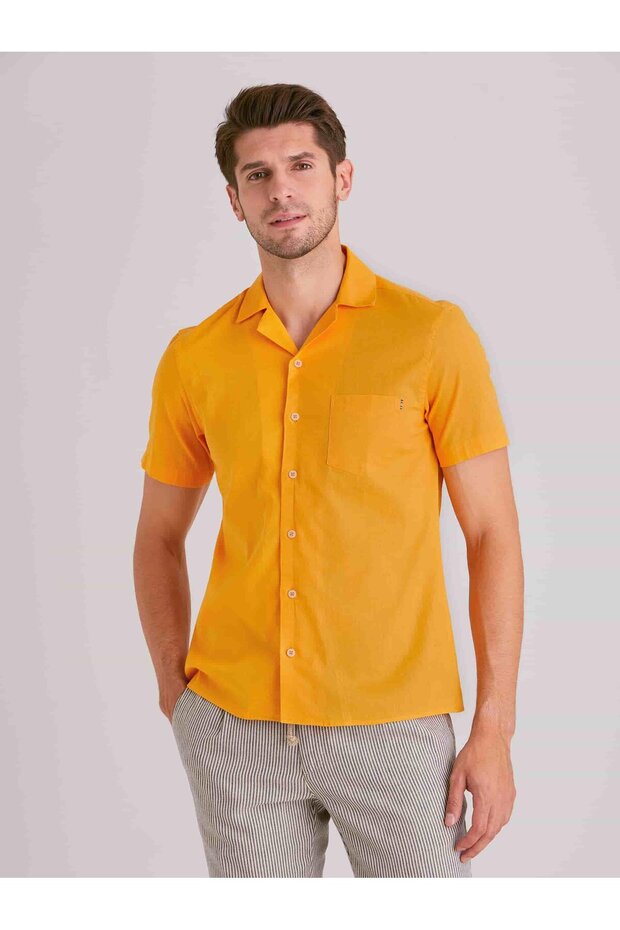 Men's Slim Fit Mustard Shirt, Plain Cuban Collar, Short Sleeve - 58164