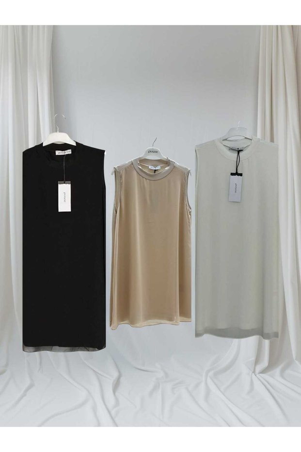 Women's Set of 3 Ecru Black Beige Front Chiffon Detailed Sleeveless Underwear Tunic 10270
