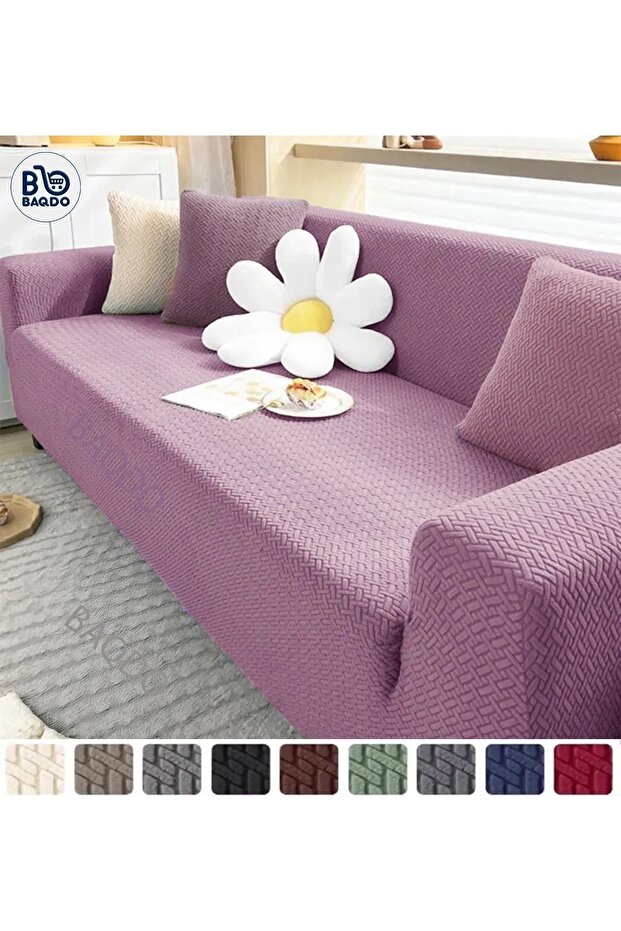 Tuğla Desen 3 Kişilik Gri Lastikli Kanepe Örtüsü | Lastikli Koltuk Örtüsü | koltuk kılıfı - 1