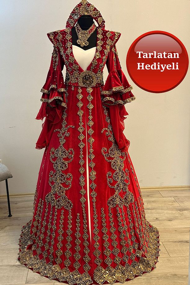 Bindallı Kaftan Kadife Abiye Gelin Kına Gecesi Elbisesi Bindallı TACI -KEMER-KOLYE + TARLATAN Hediye - 3