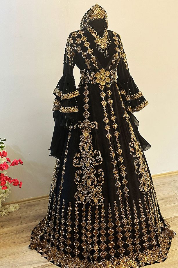 Tesettür Bindallı Kaftan Kadife Abiye Gelin Kına Gecesi Elbisesi TACI -KEMER-KOLYE TARLATAN - 1