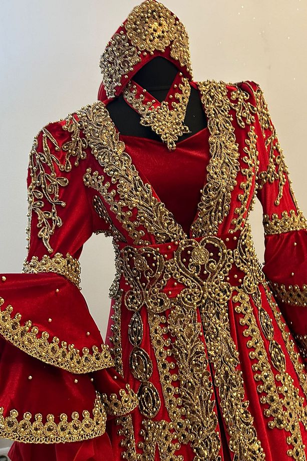 Kırmızı Bindallı Kaftan Abiye Gelin Kına Gecesi Elbisesi Bindallı TACI -KEMER-KOLYE TARLATAN Hediye - 4