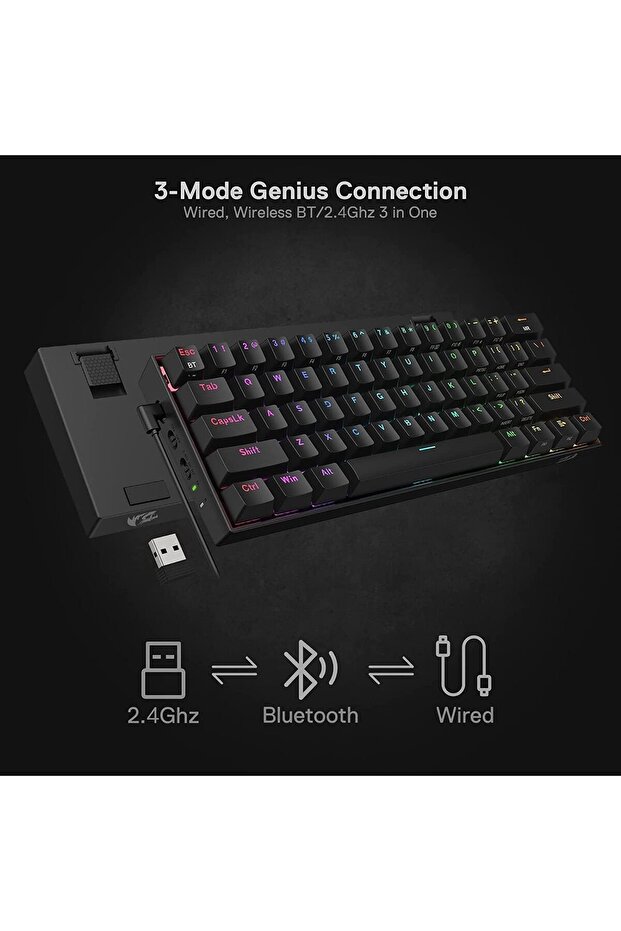Compact RGB Mechanical Gaming Keyboard, Wireless Bluetooth 2.4GHz Wired, 3 Modes, 61 Keys with Hot-S - 2