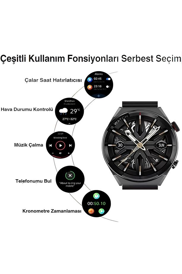 Akıllı Saat Spor Yuvarlak Kasa Siyah Mat Smart Watch Apple Ve Android Uyumlu - 4