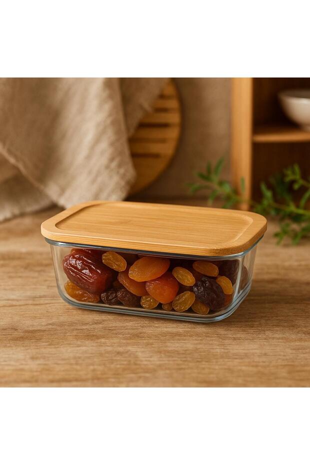 1500 Cc Glass Storage Container - Heat Resistant - Leak Proof Bamboo Lid - (22 cm X 16.5 cm)