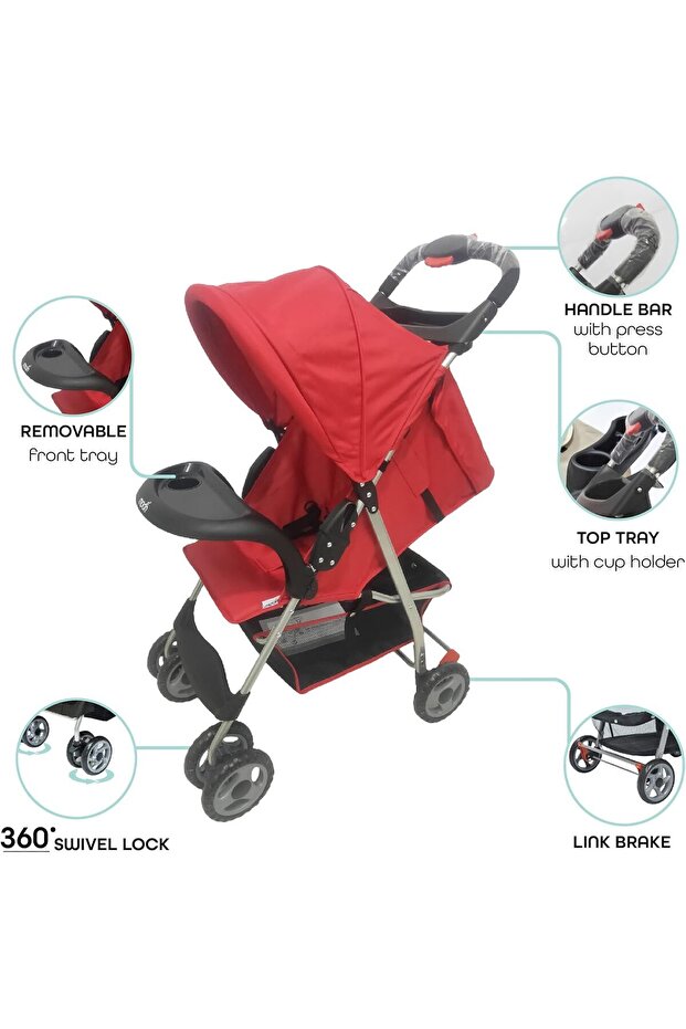 Bezik One Hand Fold Travel Stroller/Pram - Dark Red - 5