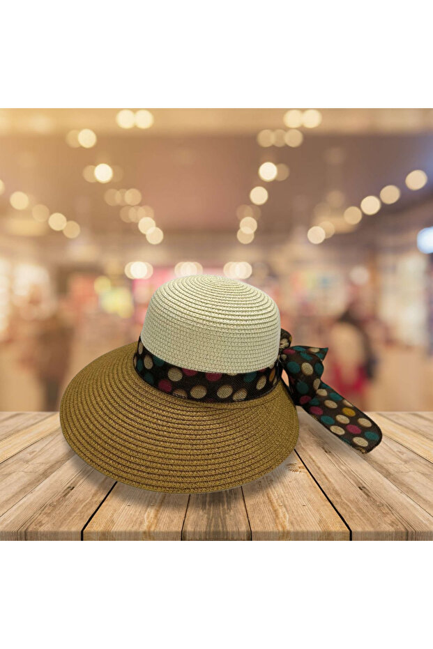 Kadın Hasır Şapka Yazlık Plaj Şapka Premium Kalite - Katlanabilir - Kafaya Göre Ayarlanabilir - 5