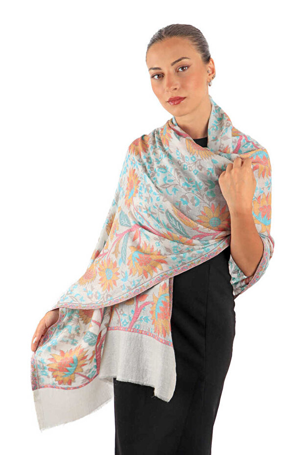 Jacquard Patterned Turquoise Wool Shawl - 2