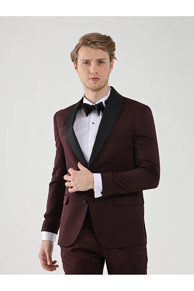 Men's Slim Fit Pointed Collar Long Sleeve Burgundy Tuxedo