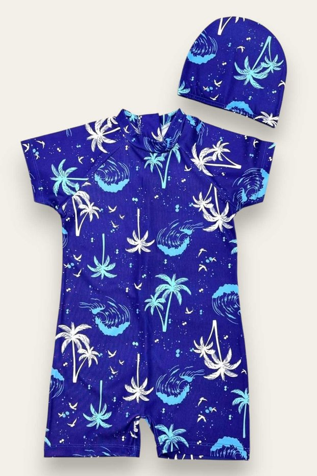 Boy's Jumpsuit Swimsuit with Boned, Washed Zipper, Sun Protection