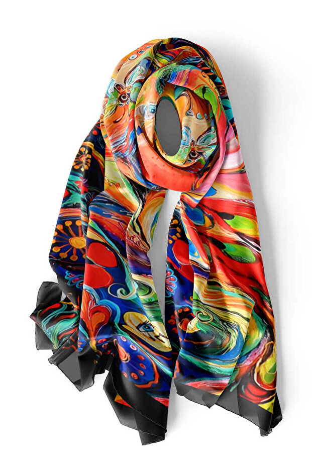 Peacock Patterned Red Silk Scarf - 3