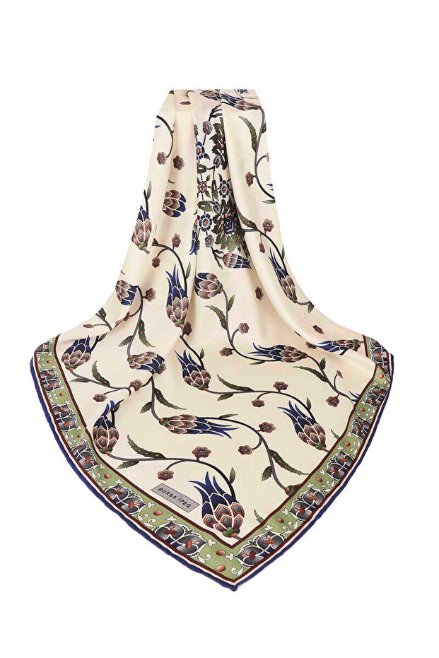 Khaki Sequence Tulip Pattern Silky Scarf - 3