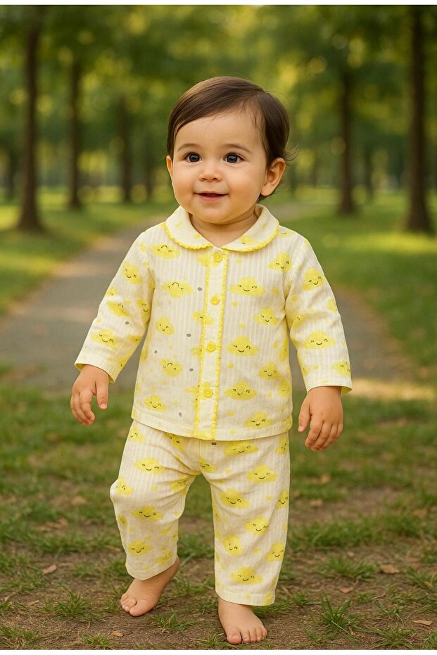 Yellow Cloudy Front Snap Fastener Double Baby Suit
