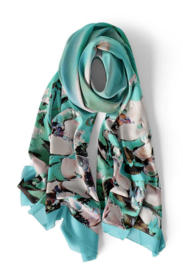 Anemone Patterned Mint Silk Scarf - 3