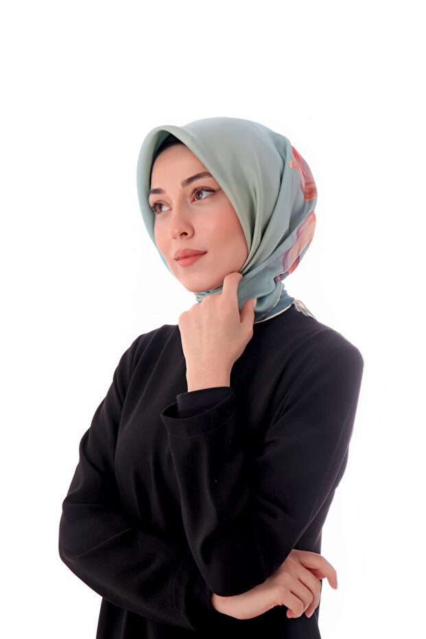 Mint Iris Pattern Twill Silk Scarf - 1