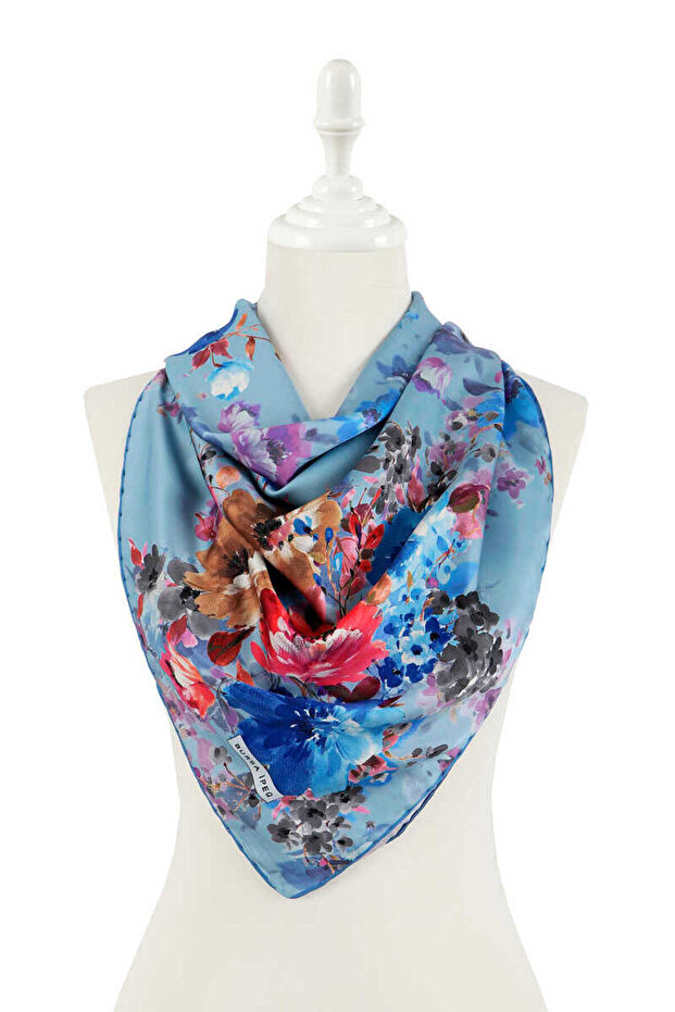 Turquoise Geranium Pattern Silky Scarf - 2