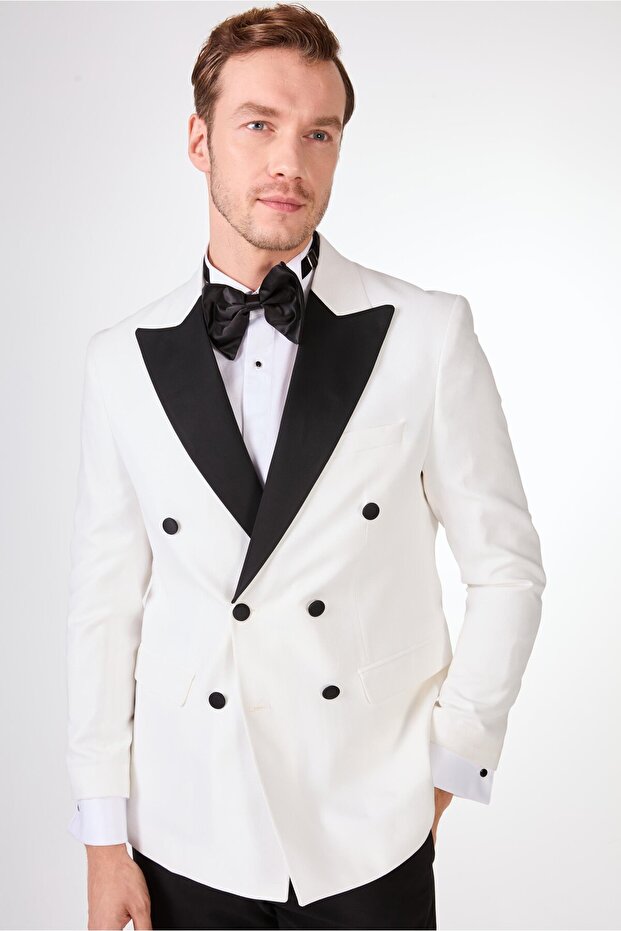 Men's Slim Fit Pointed Collar Long Sleeve Ecru - Black Tuxedo