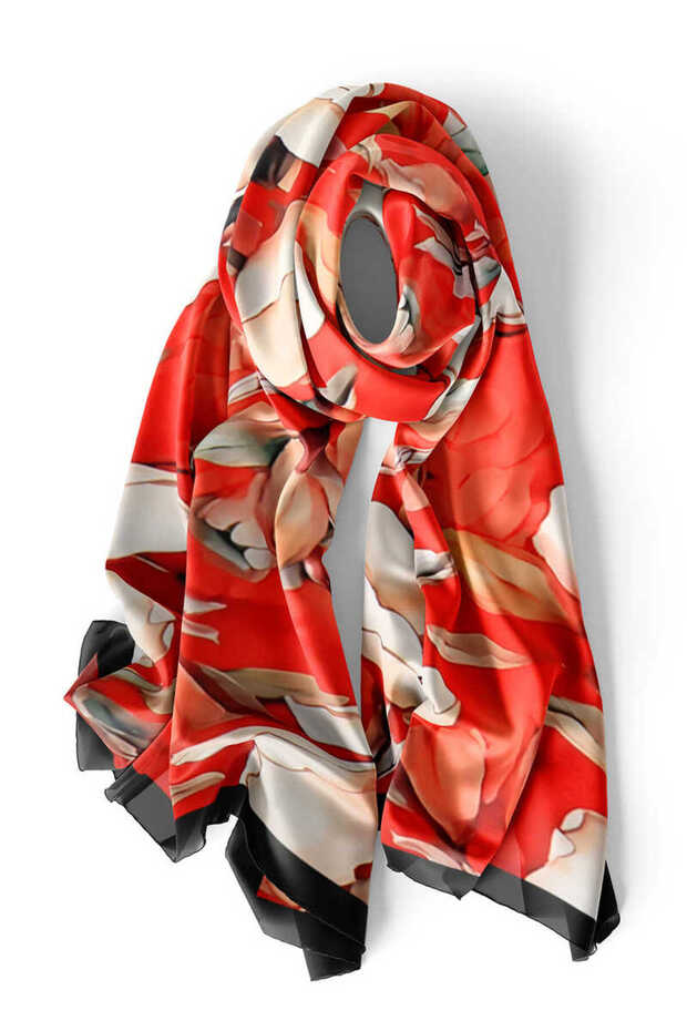 Silk Scarf - Red Daffodil Pattern - 4