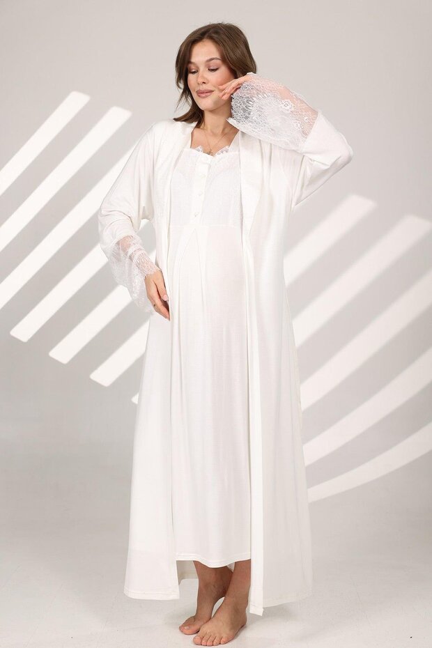 Women's Ecru Special Design Short Sleeve Lace 100% Cotton Summer Maternity Dressing Gown Nightgown Set