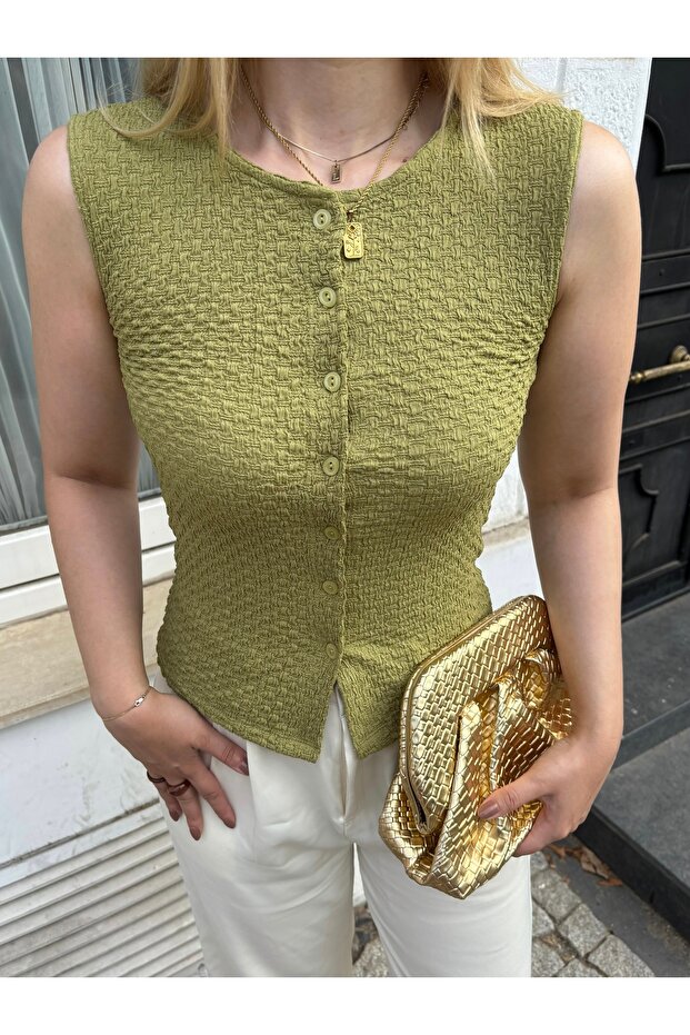 Doshba yeşil düğmeli bluz - 1