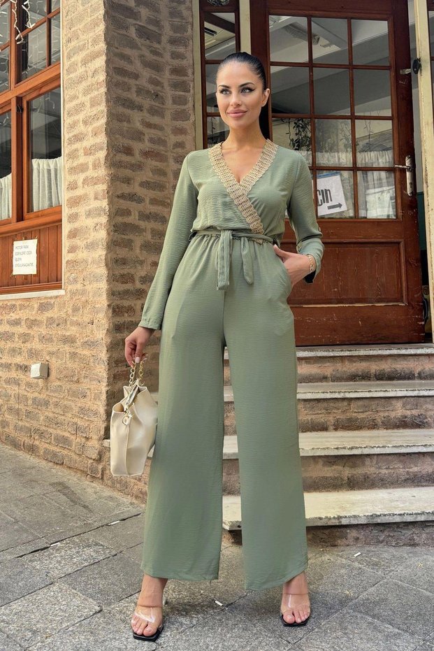 Women's Khaki Straw Double-breasted Collar Detailed Belted Pocket Airobin Jumpsuit with Elastic Waist Jumpsuit
