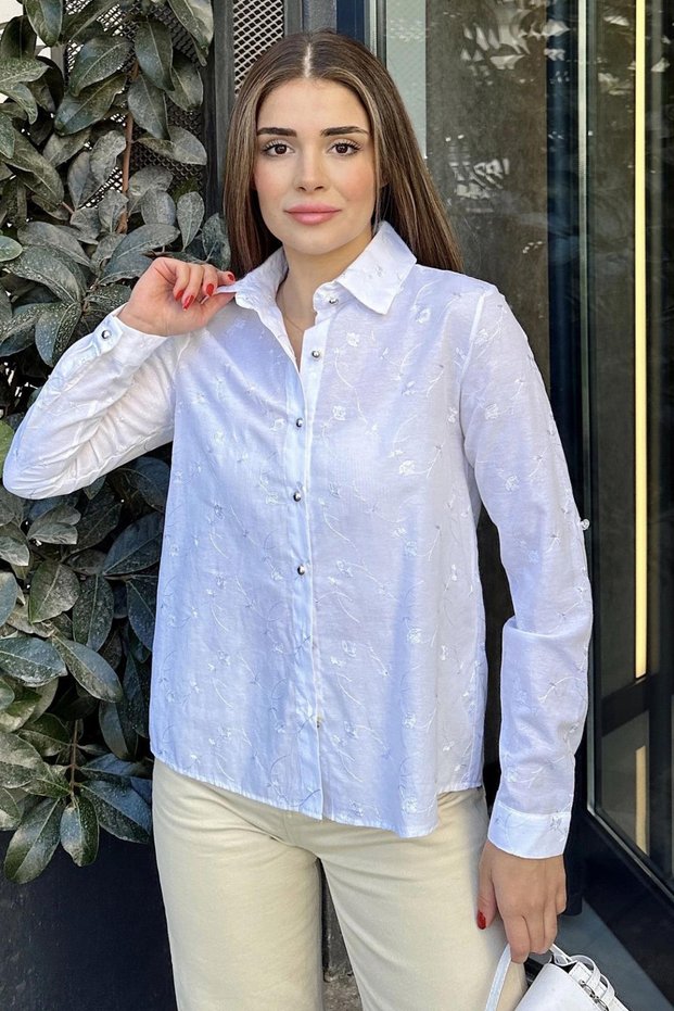 Women's White Long Sleeve, Silver Button Detail, Embroidery Embroidery, Classic Shirt