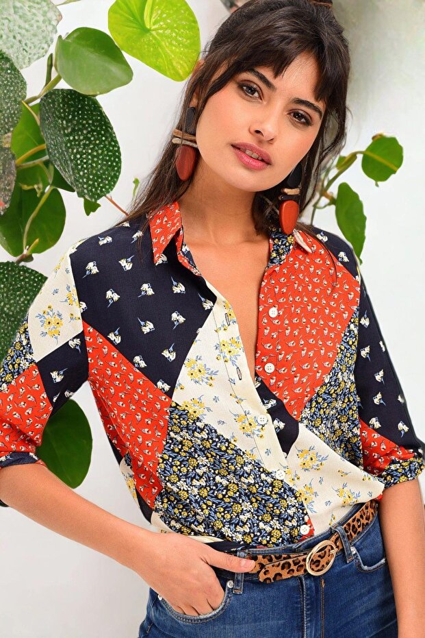 Women's Orange Patchwork Patterned Classic Collar Long Sleeve Standard Size Shirt
