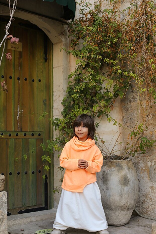 Cream Combed Cotton Shalwar + Orange Neon Asymmetrical Sweat + Neck Collar