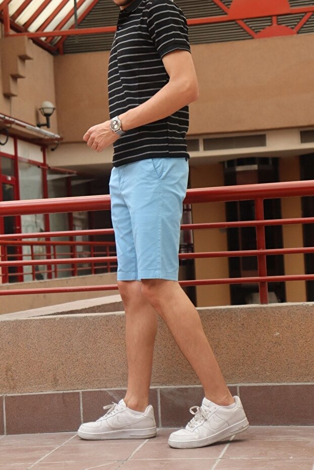 Erkek Nakış Detay Mavi Şort - 3