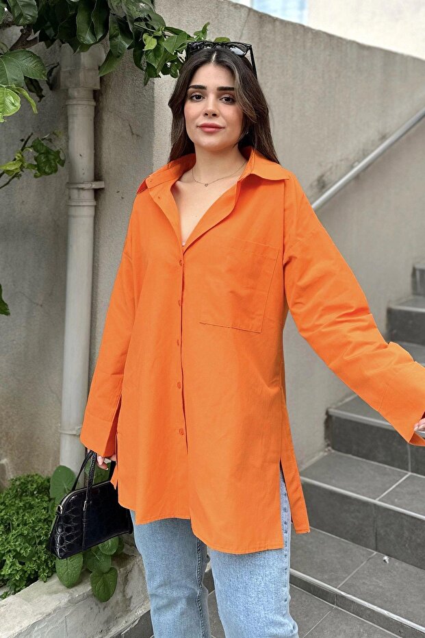 Women's Orange Tericotone Fabric, Slit, Comfortable Long Shirt