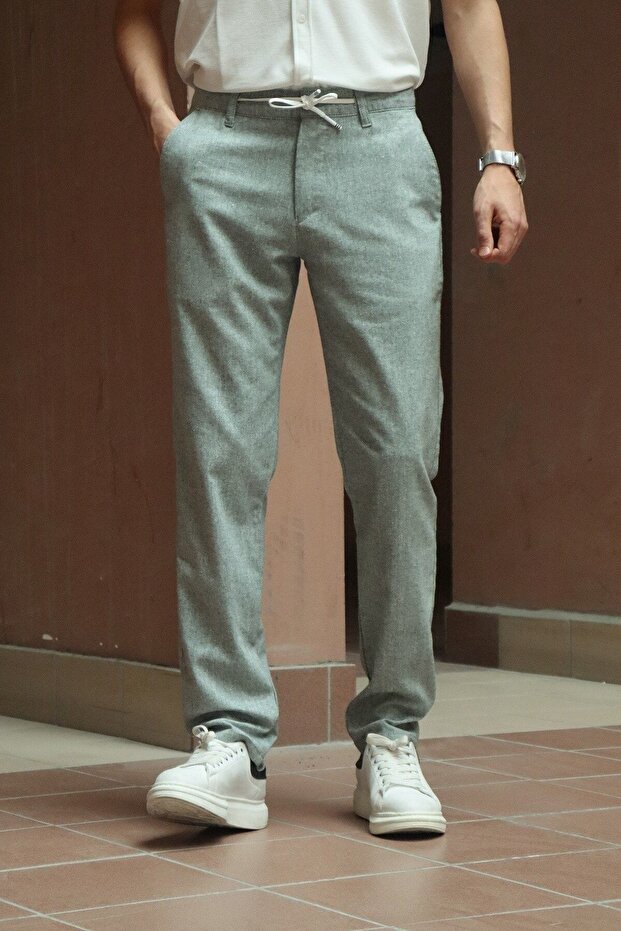 Men's Back Waist Rubber Detail Cotton-linen Summer Trousers