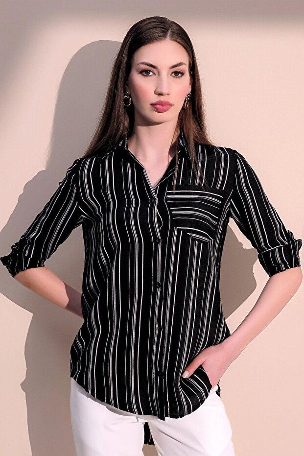 Women's Black Long Sleeve Special Fabric Single Pocket Shirt Upright Striped Long Back Basic Cut Shirt