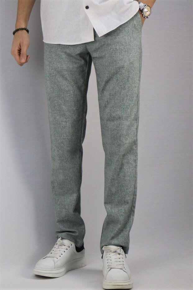 Men's, Waist Lace-up, Standard-fit, Cotton, Linen Woven Trousers