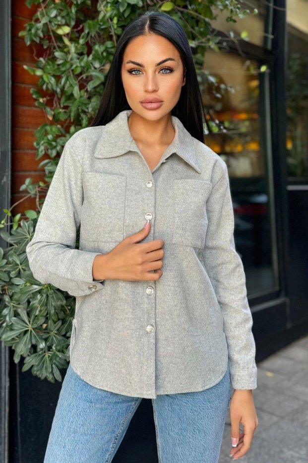 Gray Long Sleeve, Double Pockets, Skirt Oval Cutting, Stamped Shirt Jacket