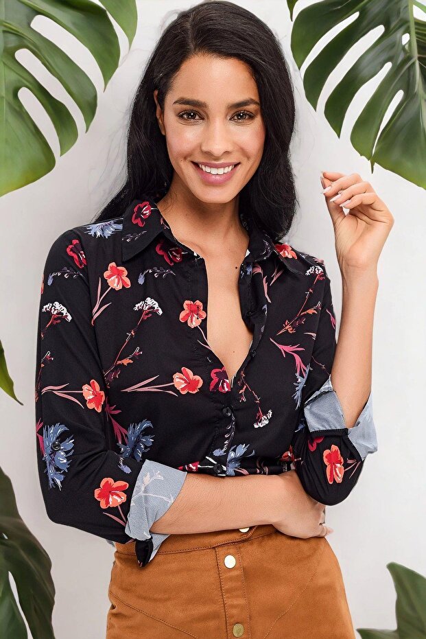 Women's Navy Blue Classic Collar, Long Sleeve, Floral Pattern, Regular Fit, Standard Length Shirt