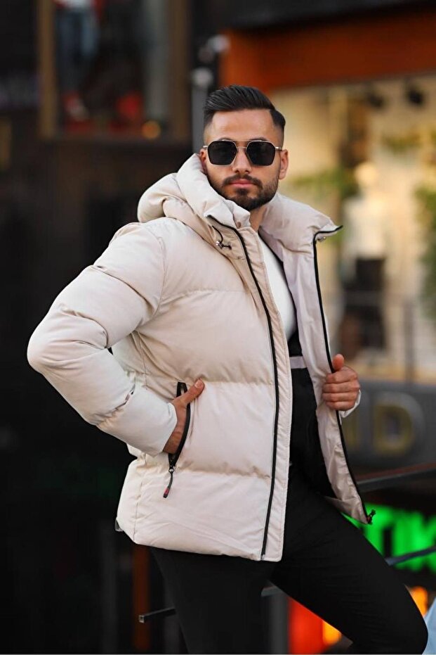 Men's Puffer Model Beige Puffer Jacket - 3