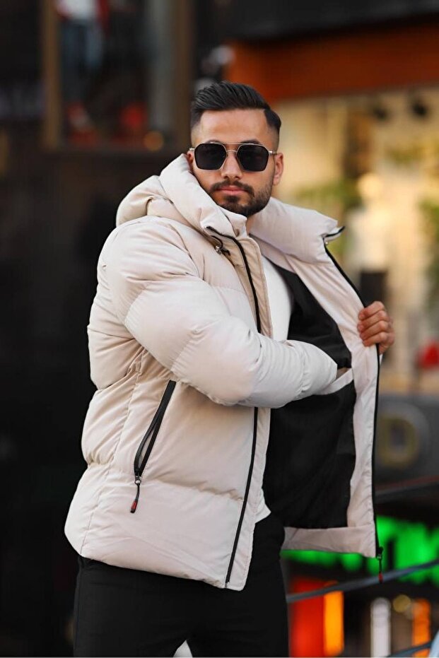 Men's Puffer Model Beige Puffer Jacket - 4