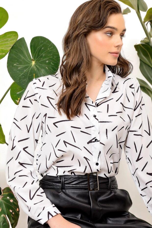 Women's White New Style Patterned Long Sleeve Regular Cut Standard Size Shirt