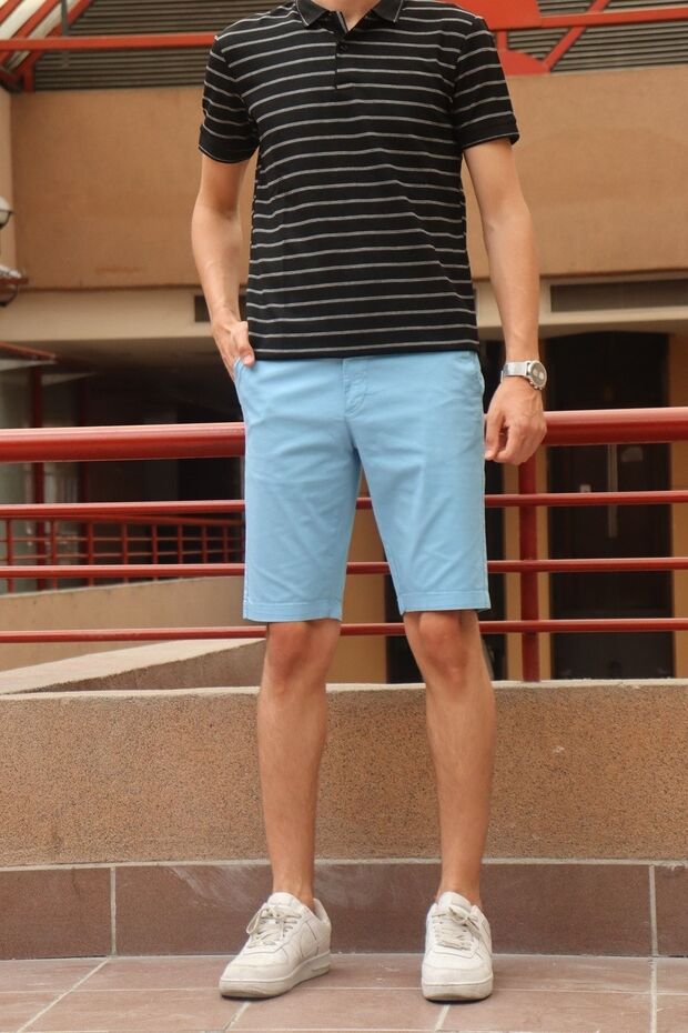 Erkek Nakış Detay Mavi Şort - 1