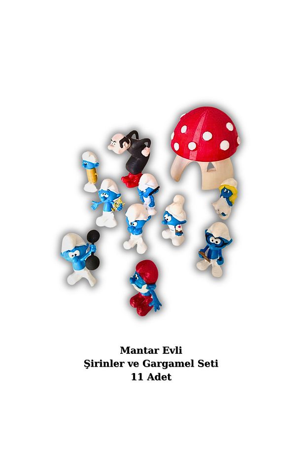 3D Reçine Minyatür Şirinler Gargamel ve Mantar Evi Teraryum Obje & Figür Seti | 11 Adet - 3