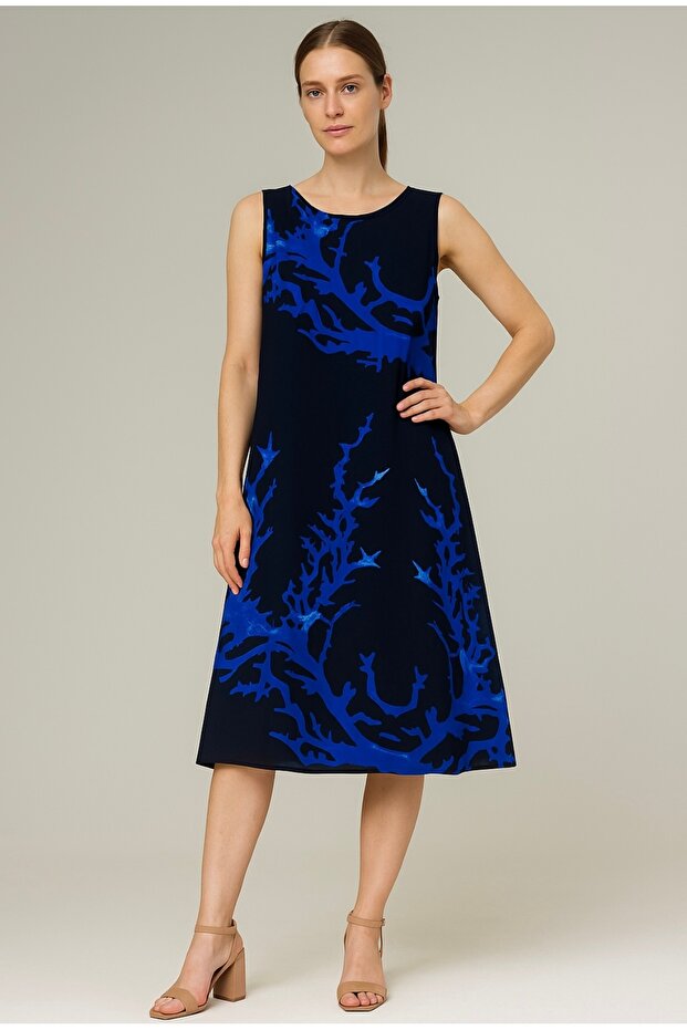 Women's Black Navy Blue Branch Pattern Sleeveless Viscose Mini Dress