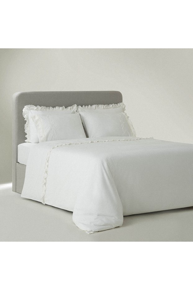 Paye Battal Size Duvet Cover Set 100% Organic Cotton Percal Embroidered Lace Cream 240X220 cm