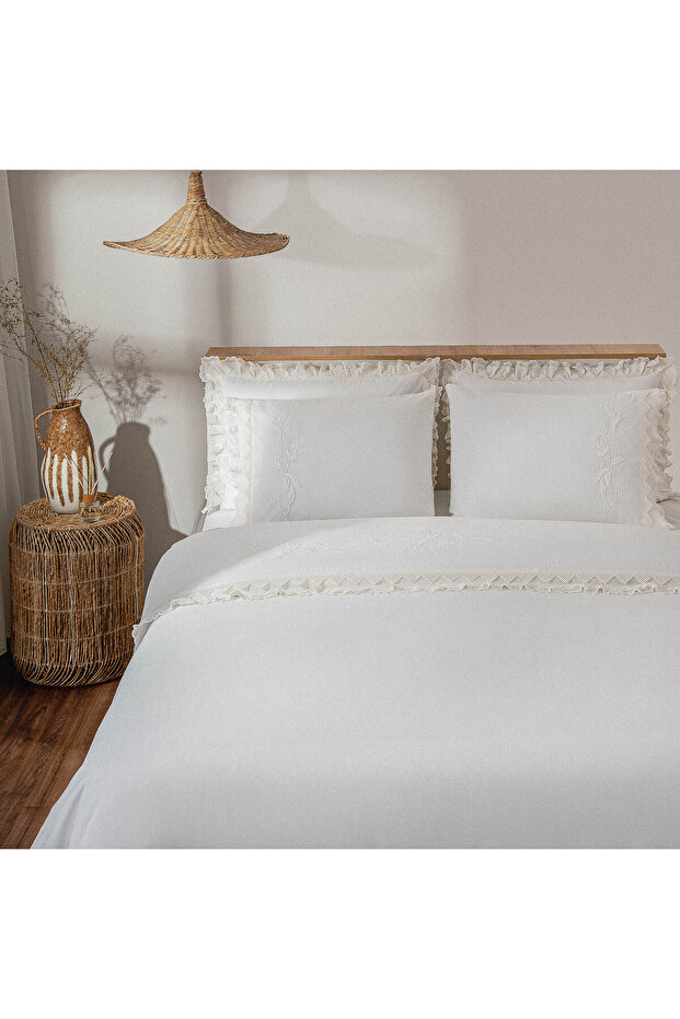Paye Double Duvet Cover Set 100% Organic Cotton Percal Embroidered Lace Cream 200X220 cm