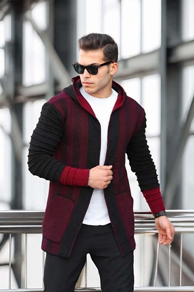 Men's Burgundy Sleeves Patterned Hooded Poncho Cardigan
