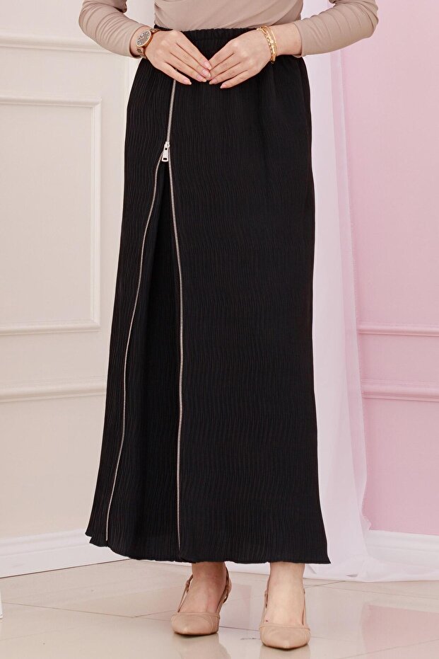 Elastic Waist Skirt with Side Zipper Detail-Black
