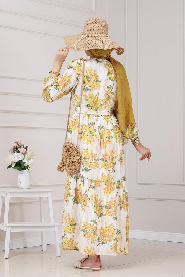 Mimoza Desenli Kuşaklı Prenses Elbise-Sarı - 5