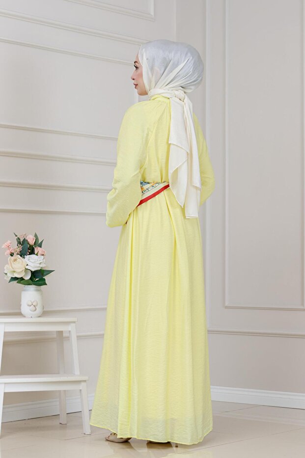 Yakası Bağcıklı Lara Elbise-Sarı - 6